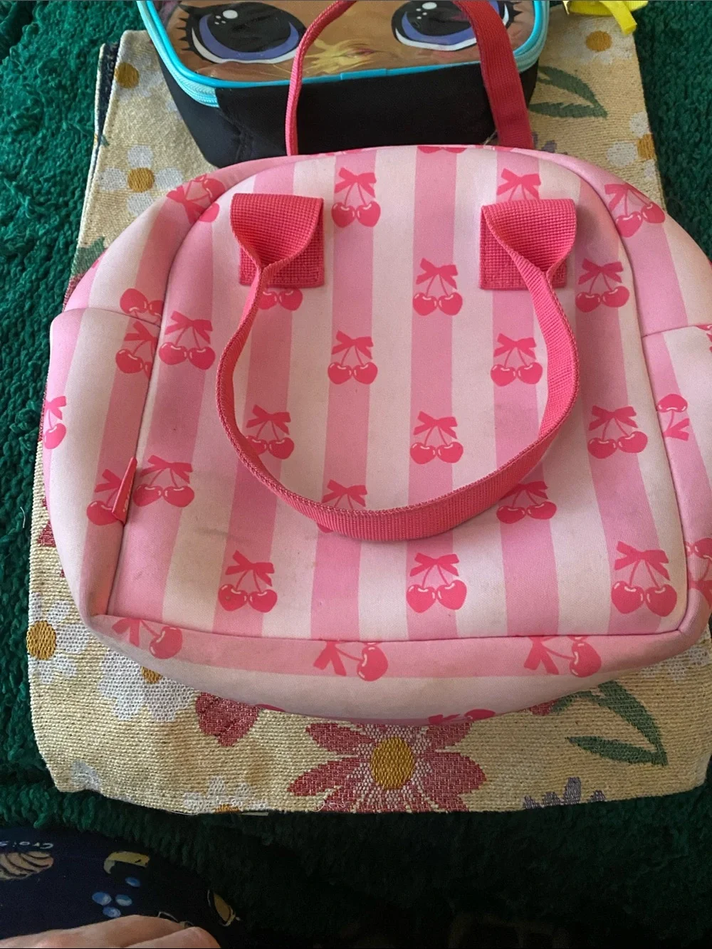 Pink Striped Kids Carry Bag with Bow Print - Cute Travel Tote and Lol doll lunch